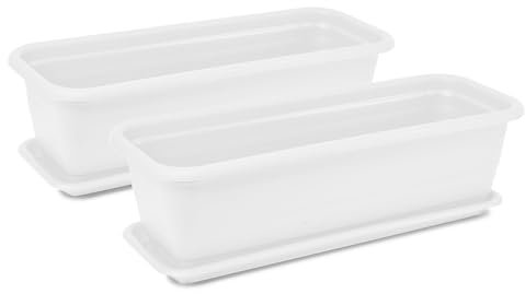 Tymar Jardineras con plato, 2 unidades, jardineras para balcón, jardineras de plástico, maceta rectangular, jardín, balcón, terraza (blanco, 100 x 18,7 x 14,7 cm)