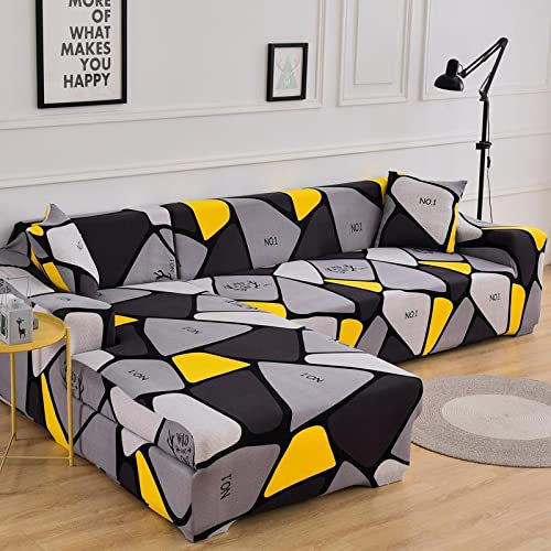 Sofaschoner Gelbgrau Sofaüberwurf Weich Spandex Sofaschoner rutschfest Couch Überwurf Waschbare Sofa Überzug Sofabezug mit Elastischen Riemen Sofabezug L Form Pflegeleicht 4 Sitzer