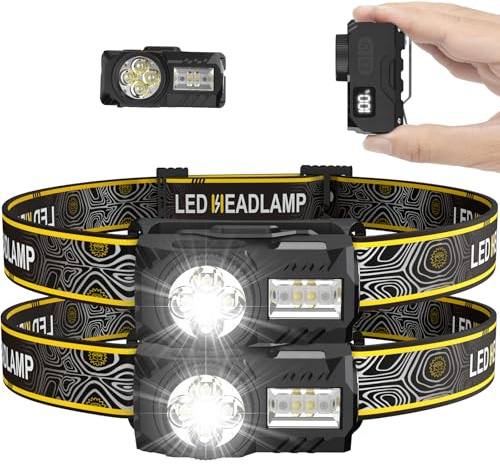 Sogdeco Lampe frontale LED rechargeable, lot de 2 : lampe frontale super lumineuse 2000 lm avec lumière rouge, autonomie de 17 heures, 7 modes, lampe frontale de travail étanche IPX5 avec clip,