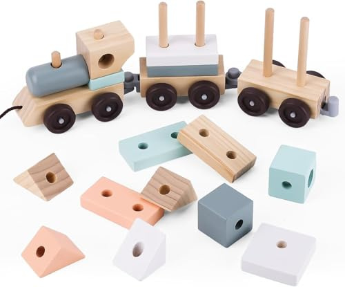 UMU Treno in legno 2 in 1 per bambini - Kit di smistamento e impilamento (18 pezzi, completamente smontabile), 37 cm, giocattolo Montessori per bambini a partire da 1 anno