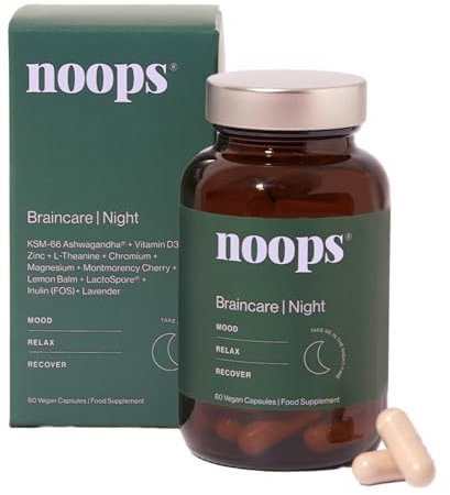 Noops Nootropics BrainCare Night for Mood & Relaxation - L-Theanine, Ashwagandha KSM-66, Vitamin D, Zinc, Montmorency Cherry, Magnesium Glycinate, Lemon Balm & Lavender Supplement, 60 Capsules