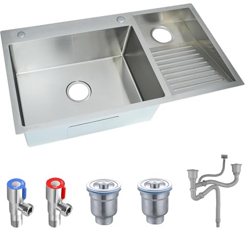 Silver tvättställ med dräneringssatser, rostfritt stål tvättställ för tvättstuga, 22cm djup dubbel skål tvättställ badkar tvättställ med integrerad tvättställ(Silver-A,100x48x21.6cm)
