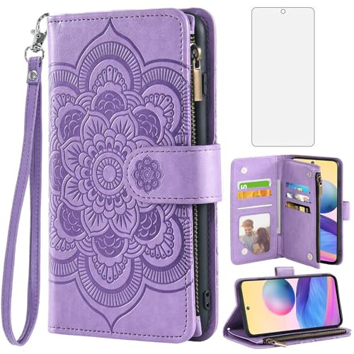 Asuwish Funda para Xiaomi Redmi Note 10 5G/Poco M3 Pro con Cristal Templado Protector Pantalla Vidrio Pelicula Protectora Libro Cuero Piel Tarjetero Note10 10T G5 M2103K19G Tapa Carcasa Capa Case Lila