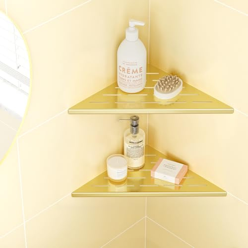 Qeke Dusche Eckablage ohne Bohren, 304 Edelstahl Duschregal, Einbau Duschablage an Wand, 2 Stück Badablage, Golden Gebürstet, 25,4 cm