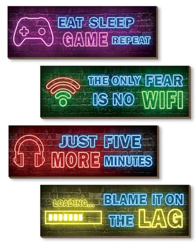 4 Stück Holzschild mit Spruch für Gaming,Holz Gaming Poster,Hängende Gaming Bilder,Wandbilder Set Wohnzimmer,Wandbilder für Playstation Zimmer Schlafzimmer (Neon B)