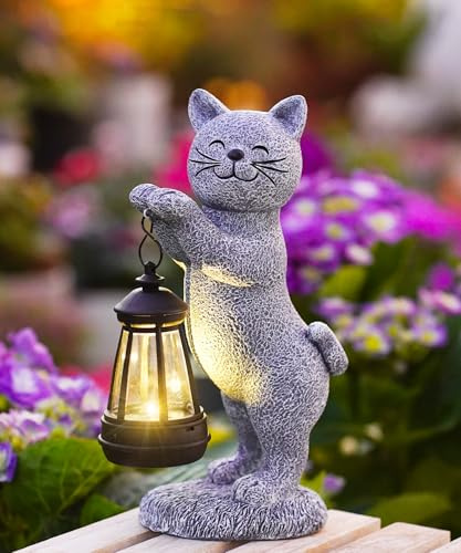 Yeomoo Katzen Deko Solarlampen für Außen Garten - Katzenfiguren Solar Lichterkette für Aussen Katze Solar Gartenleuchten - Geschenke für Frauen Mama Männer Gartendeko Balkon Zimmer Terrasse Deko Grau