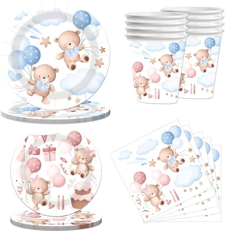 50 Pcs Disposable Paper Plates Napkins Cups, Bear Theme Birthday Party Tableware Set, Party Supplies Tableware Set, Kids Birthday Parties Supplies Animal Tableware Decorations for Boys & Girls