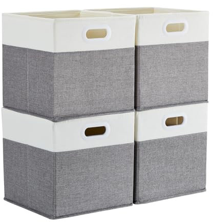 Mangata Cajas de almacenamiento de 28 x 28 x 28 cm, cestas de almacenamiento de tela para cubos de ropa, cestas, cofres, juguetes (Blanco Gris, 4 piezas)