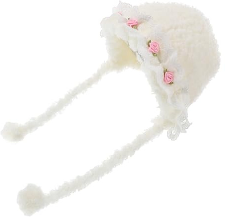 PLAFOPE Baby Mädchen Mütze Taufe Mütze Gestrickte Kleinkinder Prinzessin Blumen Plüsch Warme Für Kleinkinder Mädchen Weiß