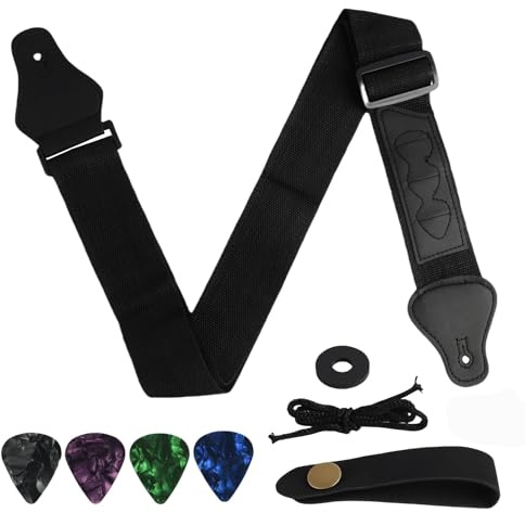 Fllyvly Correa de Guitarra Negra Ajustable, Tejida en Algodón con 3Púas de Guitarra, 1 Cierres de Correa de Goma, Adaptador de Cabezal con Hebilla, para Guitarras Acústicas, Eléctricas y Bajos