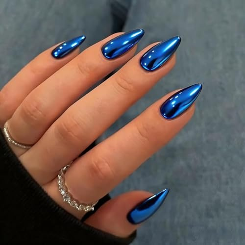 KQueenest Chrome Press On Nails - Metallic Königs Blau Nägel zum Aufkleben Mittel Mandel, Spiegel Effekt Fake Nails Künstliche Fingernägel, Sparkle Bling Acryl Nägel für Frauen, 24 Stück