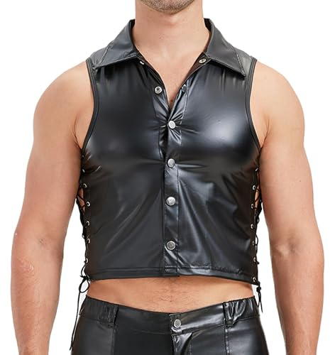 Chaleco sin Mangas de Piel Sintética para Hombres - Estilo Wet Look con Cordón