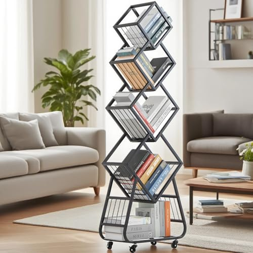 TerraVibe Bücherregal Drehbar Schwarz, Drehbares Bucherregal 5 Etagen, 360°Book Shelf, Bücherregal Mit Rollen, für Wohnzimmer Schlafzimmer Büro (Schwarz)