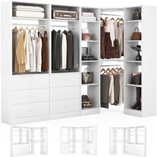 Besiost Corner Closet System with 6 Drawers, Closet Organizer System with 14 Shelves & 4 Hanging Rods, 87.2L * 39.2W / 63.2L * 63.2W Reversible L Shaped Walk-in Closets, Load 2500+LBS, White