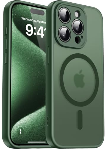 Natiiozie Magnetisch Kompatibel mit iPhone 15 Pro Hülle Kompatibel mit MagSafe, Kameraschutz FallSchutz Handyhülle, Stoßfest Kratzfest Schutzhülle Transluzente Matt Rückseite 6.1 Zoll Case Grün