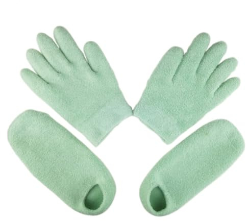 Healvian Lot De 2 Paires Moufles Exfoliants Et Chaussettes Hydratants En Gel Naturel Vert Spa Pour Mains Et Pieds Soin Peau Tendre Et Hydratation Profonde à Domicile