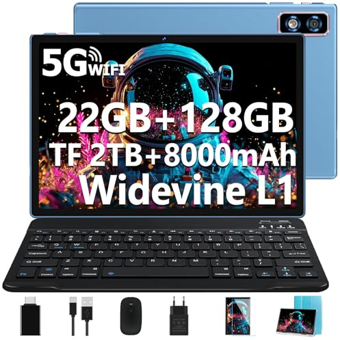 DEERTiME Tablet 10 Pollici Android, 5G WiFi Octa-Core 2.0GHz, 22GB RAM+128GB ROM(TF 2TB), 8000mAh, 8MP+5MP, BT5.0/GMS/Widevine L1/GPS/Tablet con Tastiera e Mouse - Blu
