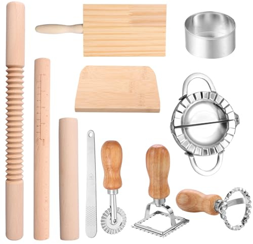11 Stück Nudelherstellung Set Holz Nudelholz Gnocchi Brett Teigschaber Fülllöffel Rollenschneider Raviolibrett Praktisches Zubehör für Nudelherstellung Küche DIY Geschenk