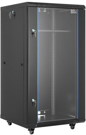 VEVOR 22U Serverrackskåp, väggfäste i nätverksskåp, 59,9 cm djup, nätverksställningshölje med låsande härdat glasdörr, 4 hjul, sidopaneler, för 19 tums IT-utrustning, A/V-enheter