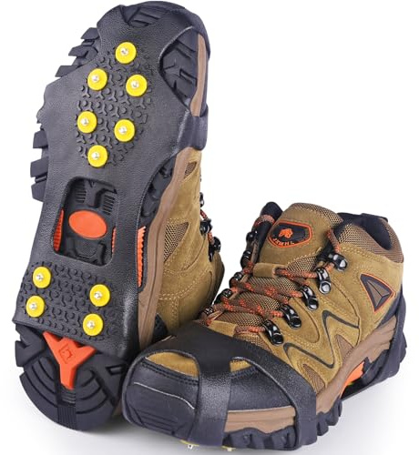 SHEEFLY Ice Grips for Shoes and Boots, Anti Slip Snow Grips Crampons Ice Cleats Traction,Upgraded Portable Crampons for Women Men Kid Hiking,Running,Walking,Fishing+4 Extra Replacement Studs