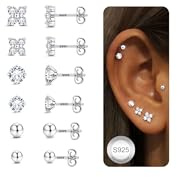 CASSIECA 6 Paires Clous d'Oreilles Femme Argent 925 Boucles d'Oreilles Hypoallergenique Rondes Zircone Cubique Boucle d'Oreille Helix Tragus Piercing Argent