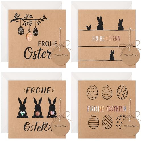 Tenare 4 Stück Ostern Geldgeschenke Osterkarten mit Umschlag Frohe Ostern Kreative Verpackung für Geldgeschenke im Osterhasen Stil Osternkarten Glückwunsch für Männer Frauen(Kraftpapier)