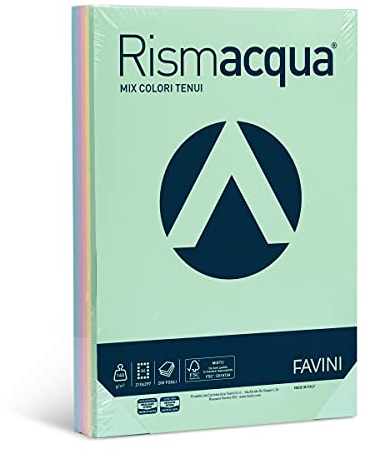 Favini A65X224 Rismacqua Mix Risma di Carta da 140gr 200 fogli assortiti in 5 colori pastello formato A4 (21x29,7 cm) Made in Italy