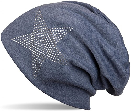 styleBREAKER Beanie Strass Stern Baumwollmix warm 59cm, Jeansblau