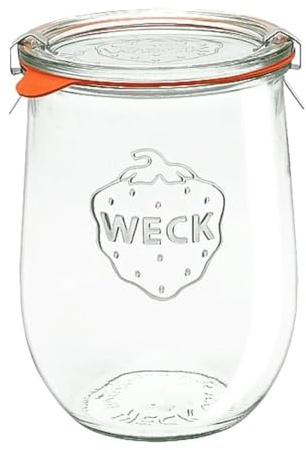 Weck 6 tarros de conserva, forma de tulipán, RR100, con accesorios a elegir, en caja original (con tapa de cristal)