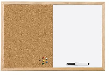 Bi-Office Budget Wood Frame Combination Board, Cork and Magnetic Whiteboard Dry Wipe Memo Board, 60 x 40 cm, Wood,White