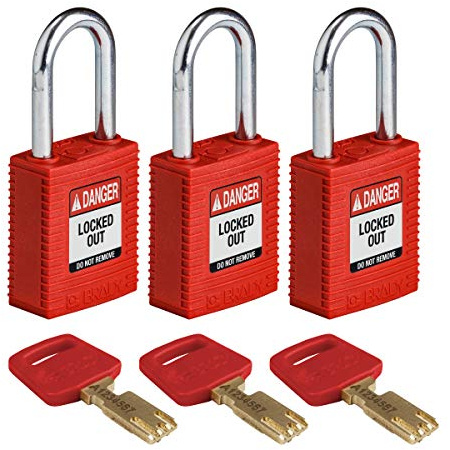 Brady (NYL-RED-38ST-KA3PK) SafeKey Nylon Lockout-Vorhängeschloss Mit Stahl Bügel 38.00 mm Rot KA - Gleichschließende Schlösser 3 Stück