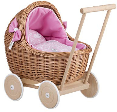 e-wicker24 Alles aus Weide Korbpuppenwagen mit Holzuntergestell – Vintage-Stil, wunderschöne Dekoration für Fotoshootings Sammler-Puppenwagen aus Weide (Pink 1)