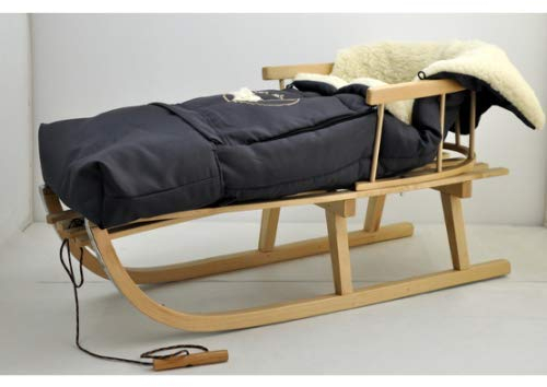 Holzschlitten Kinderschlitten aus Buchenholz Rückenlehne inkl. Zugseil + Winterfußsack Schlittensack Fußsack mit Reißverschluss 40/110 cm Schlitten Metallkufen (Anthrazit)