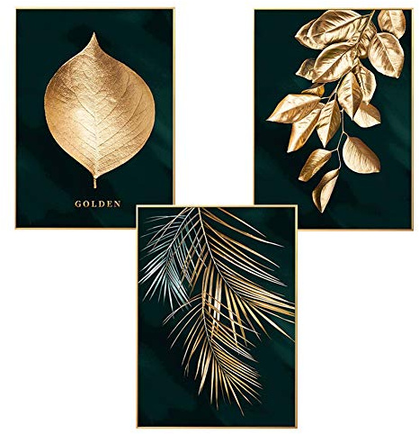 Martin Kench 3er Set Design-Poster Wandbilder, Wald Goldene Blätter Palmblatt, Ohne Rahmen, Wandbild Print Bilder Kunstposter Deko für Wohnzimmer (Stil A,50 x 70 cm)