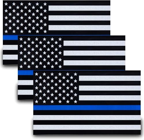 Besby 3pcs Reflective US Flag Stickers, Thin Blue Line American Flag Decal Car Laptop Bumer Sticker 5x3 Vinyl, Support USA Police and Law Enforcement Officers