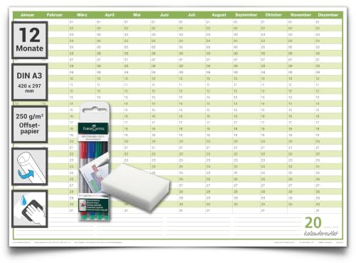 Kalenderoutlet Dauerkalender DIN A3 – Immerwährender Geburtstagskalender in Grün-Weiß, abwischbarer Jahresplaner mit 4 non-permanent Markern, 250g/m² Qualitätspapier, wiederverwendbar & gerollt