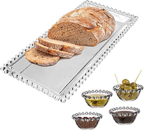 Dibor Glass Serving Set Bread Platter & 4 Snack Bowl Dishes (CF21) | Hand Wash, Bella Perle, Beaded Edge, Serving Tray, Olive Bowl, Dip Bowl, Glassware, Tableware, Crockery Set