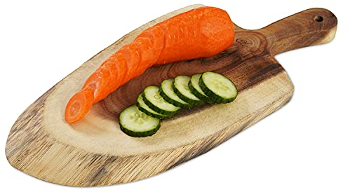 Oleio Schneidebrett Akazienholz 36 × 16 × 2 cm (inkl. Griff) | aus massiver Baumscheibe | mit Naturkante & lebensmittelechtem Ölfinish | für Küche & Servieren, Hobby- & Profiköche | in Naturton