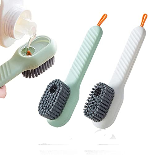 Multifunctional Shoe Brush with Liquid Box 2PCS Press Type Automatic Liquid Adding Soft Bristle Cleaning Brush Clothes Shoes Scrubbing Brush Household Cleaning Tool (White & Green)