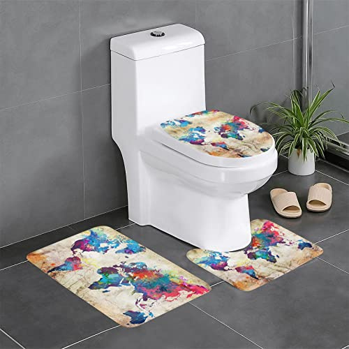 OGNOT Juego de alfombras de baño abstractas con mapa del mundo de 3 piezas, tapete de contorno, alfombras antideslizantes y absorbentes, para baño, ducha