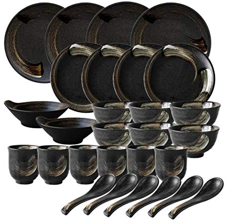 Servizio da tavola, Servizio da tavola in Ceramica, Servizio da tavola in Porcellana retrò da 28 Pezzi in Stile Giapponese/Set di Piatti e Ciotole in Oro Nero