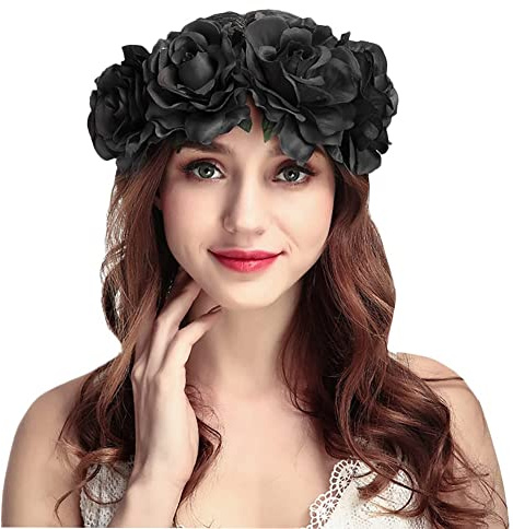 YSTrillion Rose Stirnband,Blumen Stirnband Haarband,Blumenkranz Krone Halloween Rose Frauen Mädchen Braut Rosen(Schwarz)