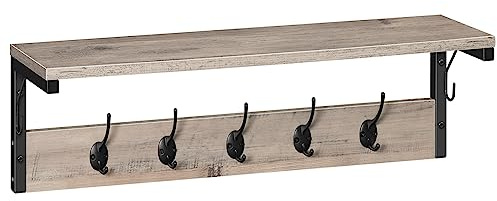 HOOBRO Portemanteaux mural, Portemanteaux Patères, Étagère murale avec 7 Crochets, Portant à Vêtement, Étagère Rangement, pour Entrée, Chambre, Salle de Bain, Grège et Noir EBG16YM01