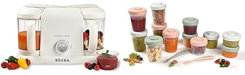 BÉABA, Babycook Duo Robot Bébé 4 en 1 Mixeur-Cuiseur, Cuisson Vapeur rapide 15min & Lot de 12 Portions Conservation et 2 Cuillères Silicone, Clip, Pots empilables et emboîtables, 100% hermétique