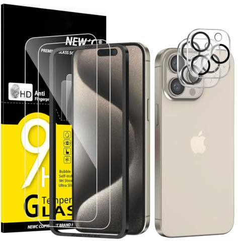 NEW'C Verre Trempé pour iPhone 15 Pro Max + Protection Caméra | Outil inclus, Lot de 4, 2x vitres trempées + 2x protections caméra, Transparent, 6,7 pouces, Vitre Protection Écran