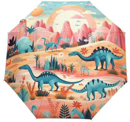 KAAVIYO Cartoon Rosa Dinosaurier Regenschirm Auf-Zu Automatik Taschenschirm Winddichter Umbrella Klein Leicht Schirm Kompakt Schirme für Jungen Mädchen Reise Strand Frauen