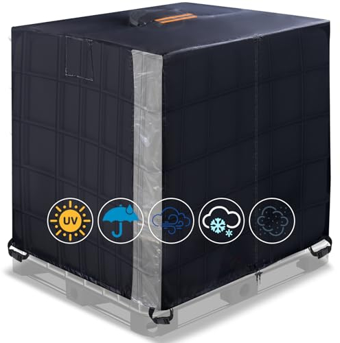 IBC Water Tank Cover 1000L Outdoor with Waterproof Zipper and Transparent Window, 420D Heavy Duty IBC Tote Container Tarpaulin Dust Rain Wind UV Protection with 4 Fixing Straps (47 x 39 x 46 in)