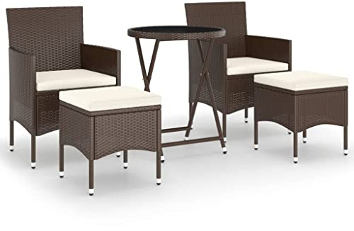 Makastle Bistroset 5-teilig, Bistrotisch Gartenstühle, Kleiner Gartenlounge Balkonset Gartengarnitur mit Kissen, Sitzgruppe im Garten und Balkon, Gartenmöbel Set, Poly Rattan und Hartglas Braun