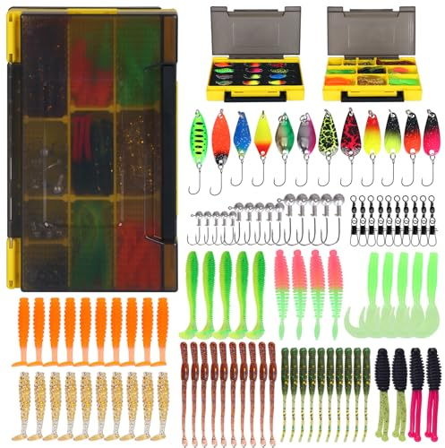 Forellenköder Künstlicher Wurm 96 Stück: Forellen Spoon Künstliche Köder Würmer Kunstköder Spinner Set Forellen Angeln | Forellen Wobbler Kunststoffwürmer | Angelköder Kunstköder für Barsch Zander (D)