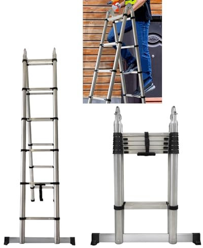 1.9M A Frame Telescopic Ladder Stainless Steel Loft Ladder, EN131 Safety Multi-Purpose Ladders Extendable Roof Ladder with Height Adjustable, Anti-Slip Rubber Feet, Portable Folding Ladder